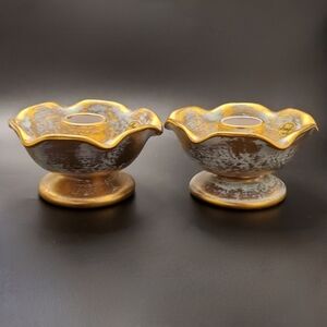 1950's Stangl Antique Gold Light Blue Pair Candle Holders Candle Bowls EUC #5069